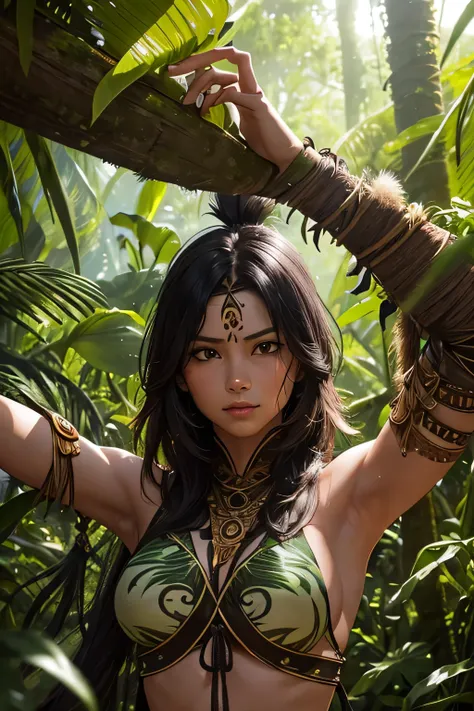 a stunning amazon warrior stands in the heart of a dense jungle, deeply immersed in her combat training. she wears armor crafted...