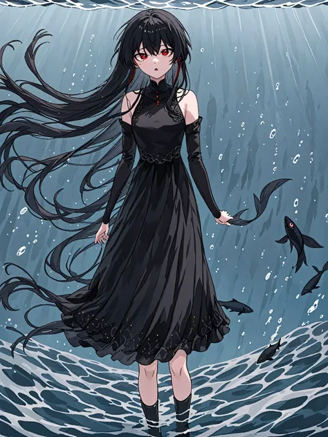 submersion of water , tide, Black Sea , Black-haired girl, Black dress, standing on the water, detailed background, red eyes , red eyes ,long hair ,black fish , Scary Backgrounds,