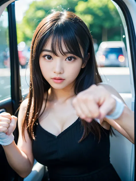 (Best-quality, Masterpiece, Ultra-High-Resolution, (Photorealistic:1.4), Raw Photo, depth of field, professional lighting, perfect anatomy, extremely details), 1girl, 15-years-old, the most famous Japanese idol, (((wearing summer-dress))), (((punching car ...