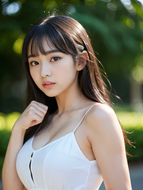 (Best-quality, Masterpiece, Ultra-High-Resolution, (Photorealistic:1.4), Raw Photo, depth of field, professional lighting, perfect anatomy, extremely details), 1girl, 15-years-old, the most famous Japanese idol, (((wearing summer-dress))), (((punching view...