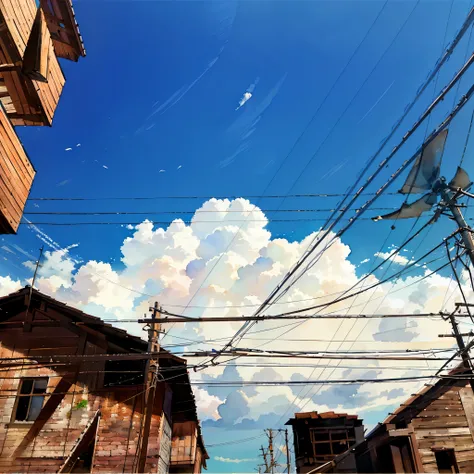 arafly view of a street with power lines and a cloud in the sky, there is blue sky, up there, dynamic blue sky, anime sky, summer sky, blue sky, cloud and thunder, under blue clouds, looming over you, cloud, looming surreal sky, blue sky above, sky line, s...