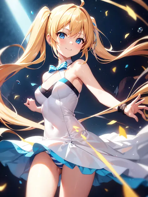 Ray Tracing,high quality,High resolution,bloom effect,Dynamic Angle,Light Shaft, particle lighting, Dynamic Light,One girl, alone, Wind,smile, 17 years old,Middle chest, Long blonde twin tails that reach above her ears, Ahoge, (Cyan striped hair:1.15), ,Bl...