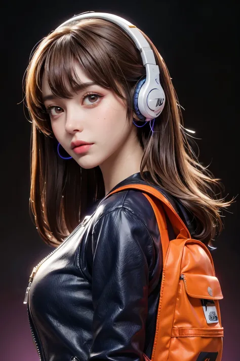 (front view:1.4), close-up portrait, (1girl:1.5) looking to the camera, 30 year old, weight 60kg body size, solo, headphones on her neck, orange army spacesuit, bangs, brown(long hair:1.2), bag, blurry_background, purple neon light, backpack, zipper, urban...