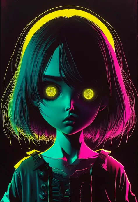Ashley Wood style, dark scarlet background, Chemiluminescence, girl in bright colors neon, yellow, pink, (minimalism: 1), ray tracing details...Stephen Gammell style - Iaya in the style of Stephen Gammell