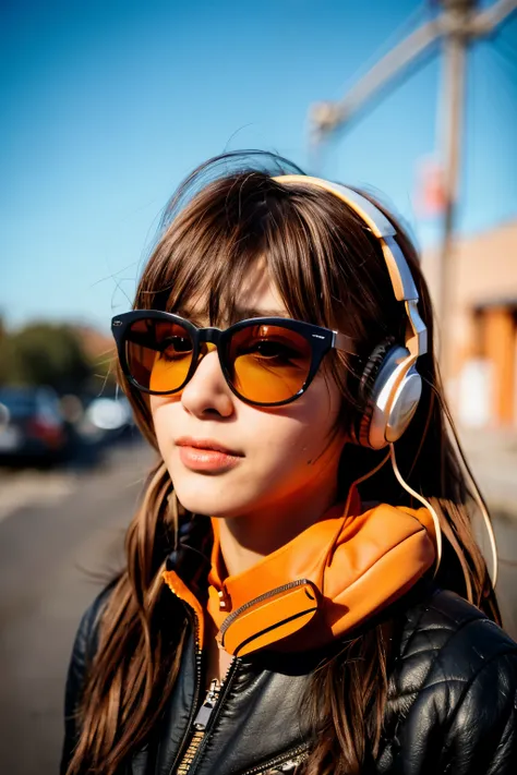 (front view:1.4), close-up portrait, (1girl:1.5) looking to the camera, 30 year old, wearing rayban sunglassesweight 60kg body size, solo, headphones on her neck, orange army spacesuit, bangs, brown(long hair:1.2), bag, blurry_background, purple neon light...