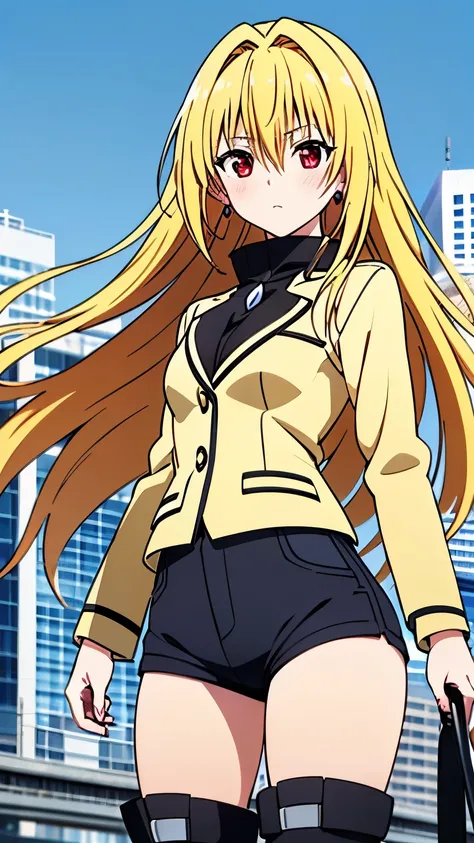 (anime:1.2),(1girl),(alone), konjiki no yami, (alone), long hair, blonde hair, hairpins, red eyes, very long hair, hair shots, solo, (expressionless, calm:1.5), (college jacket,shorts,boots,earrings, city), (Small medium breast:1.2), narrow waist, round bu...