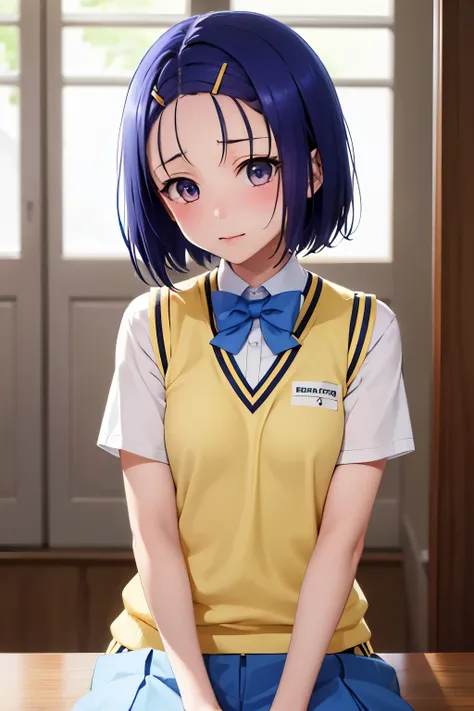 Haruna Sairenji、To Love-Ru、Blue Hair、Bobcut、Hairpins x 2、Show your forehead、high school girl、uniform、Cream colored vest、Bondage、Tied up、first round、Embarrassing、Blushing and blushing（（（ＳＦＷ、sound、Highest quality、first-clasasterpiece、Normal body、8k、Detailed ...