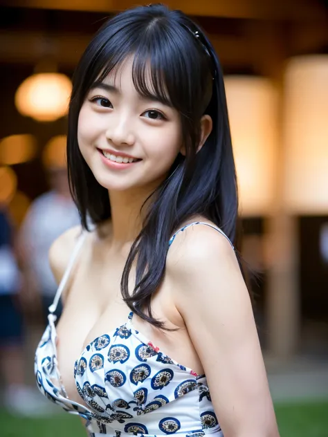 (Best-quality, Masterpiece, Ultra-High-Resolution, (Photorealistic:1.4), Raw Photo, depth of field, professional lighting, perfect anatomy, extremely details), (1girl, 15-years-old, the most famous Japanese idol), (((wearing summer-dress with cute-patterne...