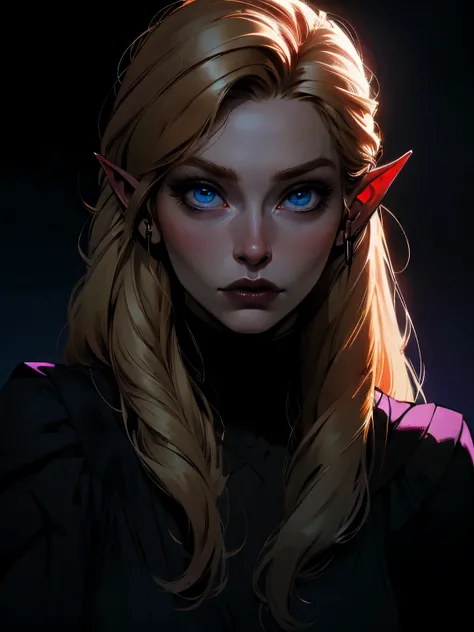  beautiful blond elven woman in her 30s, with blue eyes and striking features, exuding maturity and allure in a seductive pose.(dark background), dark gotic atmosphere , gotic makeup, pointy ears,