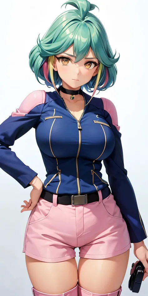 1 Female,High definition,high resolution,Ultra-realistic,8K, rin_arc_v,blue jacket,long sleeves,black choker,pink shorts,white thighs boots, multicolored hair,yellow eyes,European,sexy,Upper body close-up,Photographed from the front,Dynamic Angles,private ...