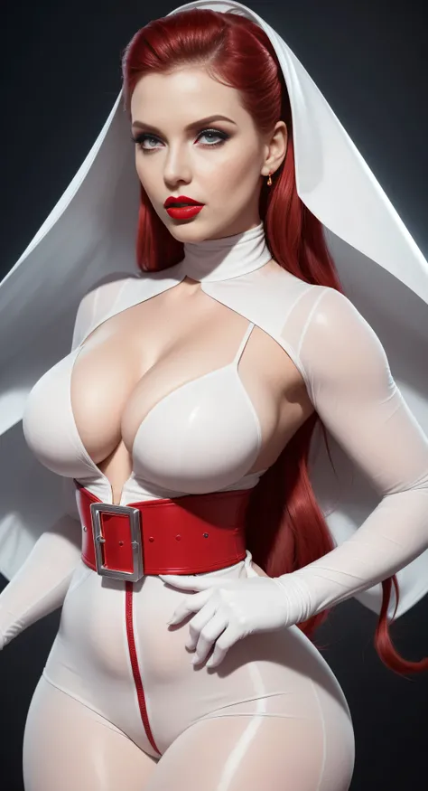 stunning woman in a white jumpsuit with red belt and red gloves, of power, giant and impressive photo of the goddess, amouranth as a super villain, complete-, thick construction, thick body, like a retro futuristic supervillain, elegant glamorous , , volup...