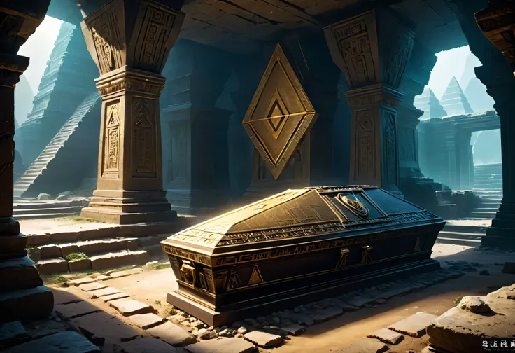 Fantasy Pyramid Interior,Coffin、 Alien civilization ruins, Mysterious Grave, Metal Stone Coffin, treasure,  relic, 