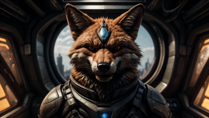 a progressive, sovereign, aggressive, wicked, bad, evil, redfox, in background a futuristic violent starship command bridge, wearing a futuristic diplomatic suit, headshot, best quality, masterpiece, detailed, highres, top quality, best quality, correctly ...