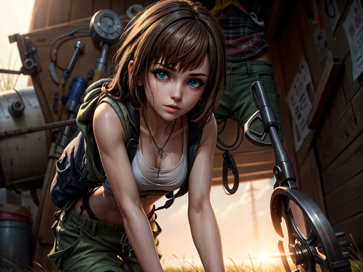 masterpiece, highest quality, (solo focus), (perfect face:1.1), (high detail:1.1), 1girl, repairing machine, brown hair, ((long hair)), blue eyes, white tank top, ((baggy green pants)), jacket around waist, ((wrench)), holding wrench, crouching, crouching ...