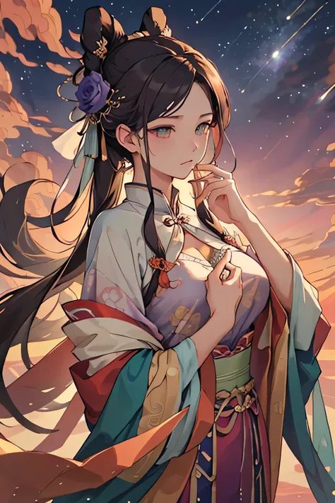 ((best quality)), ((masterpiece)), (detailed), Fairy，Front image，Chinese Mythology，During the Song Dynasty。This is a fairy who controls purple roses.。Behind her is the evening sky and the colorful clouds。She has a green，Watery eyes，Looks very beautiful，She...