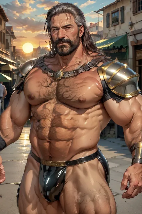 old man knight, wearing silver armor, revealing armor, busy medieval Mediterranean city background, muscular, wearing armor, nice bulge, sweaty body, sun going down, golden hour, latex, sexy armor, thick dark mustache, long majestic hair, 