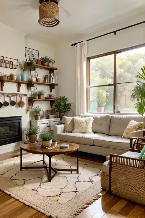 Generate an image of a modern boho living room that is both stylish and inviting. The room should feature a mix of sleek, contemporary furniture with bohemian accents. Include a comfortable, mid-century modern sofa in a neutral color, adorned with an array...