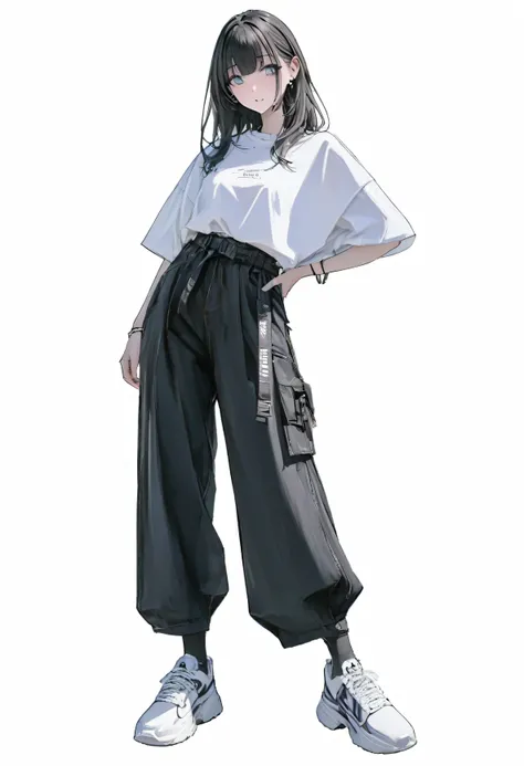 (highest, highest quality: 1.2, 8k), center, whole body, 20th generation, 1 adult female, street style shirt, black wide pants, ...