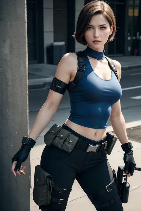 Crie uma imagem hiper-realista de Jill Valentine do Resident Evil 3 Remake, represented as a real person.
nationality must be American Face with defined and strong features, with an expression of determination and seriousness.
dark  brown hair, short and s...