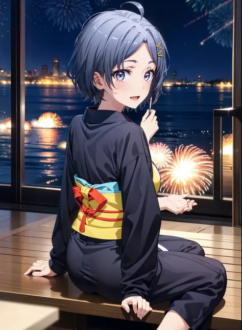 komachihikigaya, komachi hikigaya, short hair, Black Hair, hair ornaments, Ahoge, Hair Clip, x hair ornaments, (Purple eyes:1.1), tooth, smile, Open your mouth, black kimono,Sandals,Sitting on a bench,Fireworks in the night sky,Fireworks,The place is a fir...