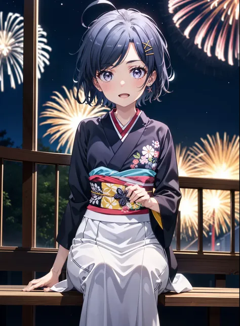 komachihikigaya, komachi hikigaya, short hair, Black Hair, hair ornaments, Ahoge, Hair Clip, x hair ornaments, (Purple eyes:1.1), tooth, smile, Open your mouth, black kimono,Sandals,Sitting on a bench,Fireworks in the night sky,Fireworks,The place is a fir...