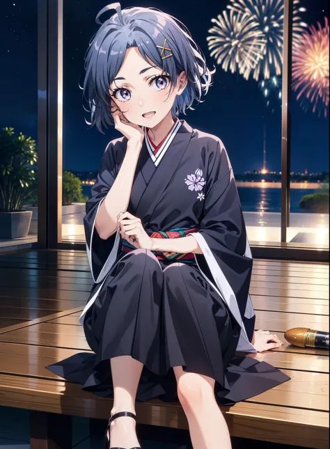 komachihikigaya, komachi hikigaya, short hair, Black Hair, hair ornaments, Ahoge, Hair Clip, x hair ornaments, (Purple eyes:1.1), tooth, smile, Open your mouth, black kimono,Black long skirt,Sandals,Sitting on a bench,Fireworks in the night sky,Fireworks,T...