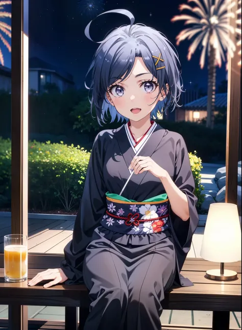 komachihikigaya, komachi hikigaya, short hair, Black Hair, hair ornaments, Ahoge, Hair Clip, x hair ornaments, (Purple eyes:1.1), tooth, smile, Open your mouth, black kimono,Black long skirt,Sandals,Sitting on a bench,Fireworks in the night sky,Fireworks,T...