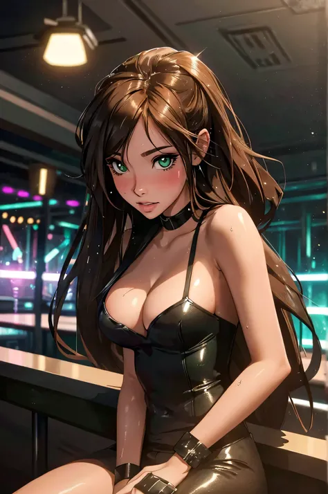 girl at a nightclub sitting at bar, eyeliner (masterpiece) (best quality) (detailed) (8k) (HDR) (wallpaper) (cinematic lighting) (sharp focus) (intricate) long hair, biting lip,  slutty outfit, sexy, blush, aroused, cleavage, shiny , wet skin, girl, dark m...