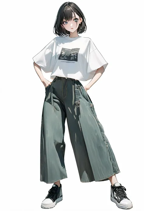 (Best, Best Quality: 1.2, 8K), Center, Full Body, 20s, 1 Adult Female, Style Shirt, Wide Pants, Simple Sneakers, Simple Background, White Background, Eyes Wide Open, Delicate Eyes , beautiful eyes, kind