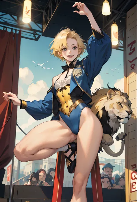 girl, whole body, short hair, Blonde, small, yellow, smile,Circus広場, Lion, Red and navy blue costume,High leg衣装,Circus,Beast Charmer,High leg,