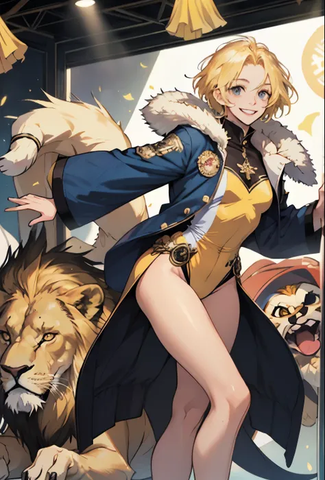 girl, whole body, short hair, Blonde, small, yellow, smile,Circus広場, Lion, Red and navy blue costume,High leg衣装,Circus,Beast Charmer,High leg,