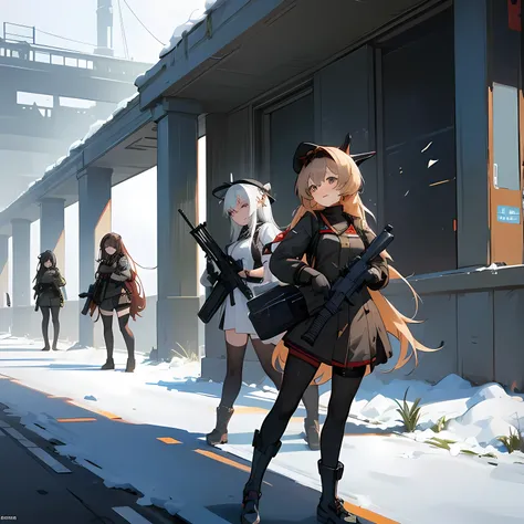 Anime girls with guns and hats standing in front of a building., frontline girls style, from frontline girls, frontline girls cg, frontline girls, fine details. frontline girls, frontline girls universe, m4 sopmod ii frontline girls, anime maid ss military...