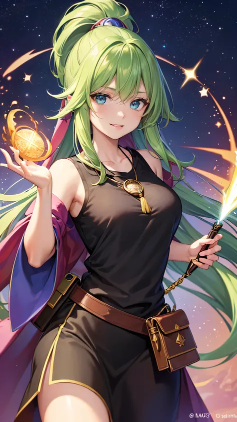 Colorful portrait illustration, (attractive female as a Wizard, ponytail, wear_length_Flowing_green_Complicated_Embroidered_Wizard_Robe), (necklace, Pouch, belt, smile, Very detailed face, masterpiece, Highest quality), Very detailed, (In the dungeons), ma...