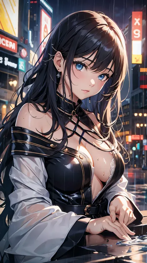 最high quality、Best image quality、masterpiece、With a girl((cute、16 years old、Best Bust、Medium Bust、Beautiful Blue Eyes、Spread your chest wide,Black Hair、Disheveled Hair、thin、Highest Valley、Black Dresy whole body is wet、Sleep on your back)）high quality、Beaut...