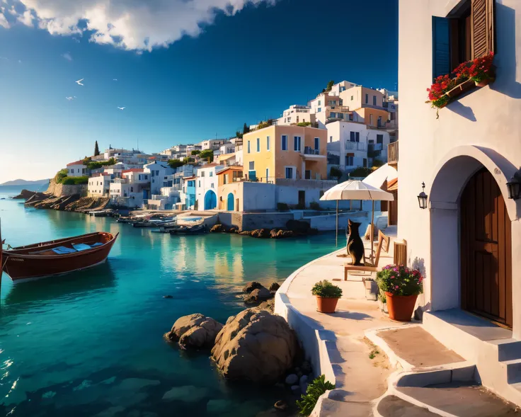 Greek village scene by the sea... black cat sitting on a white step... in the style of Aziz Sulaymanov... street with white houses... view of sea and distant mountains... bright and airy feel... sunny... blue sky...