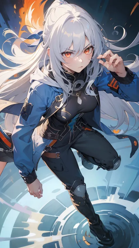 (best quality:1.3), (masterpiece:1.3), (illustration:1.3), (ultra-detailed:1.3), (mid shot:0.9), 1girl, Long hair, white hair, medium breasts, JingliuV5, tall, ((mature, serious expression, serious expression,)) tactical outfit, jacket, blue hoodie, open h...