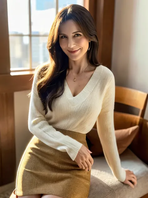 Professional, High Level of Detail, Close-Up Photography (Attractive mature 45 year old woman:1.3), long dark hair, (wearing V-neck-sweater & A-line mini skirt, )1.455, raytracing, natural light, (seductive:1.1), (blush:1.1 ), (classy, elegant, dandy)1.2, ...