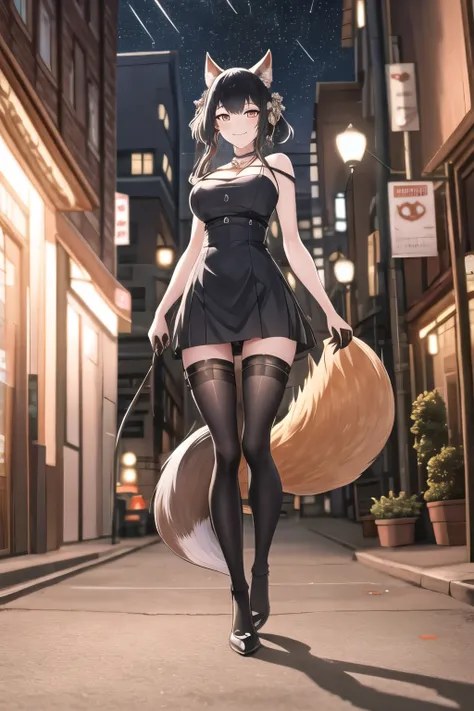 spark \\\(collapse: star trails\\\), mask,double tail,black hair,long hair,fox mask,smile, necklace, bangs, smart student, 
city...