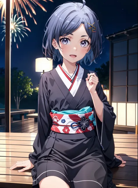 komachihikigaya, komachi hikigaya, short hair, Black Hair, hair ornaments, Ahoge, Hair Clip, x hair ornaments, (Purple eyes:1.1), tooth, smile, Open your mouth, black kimono,Black long skirt,Sandals,Sitting on a bench,Fireworks in the night sky,Fireworks,T...