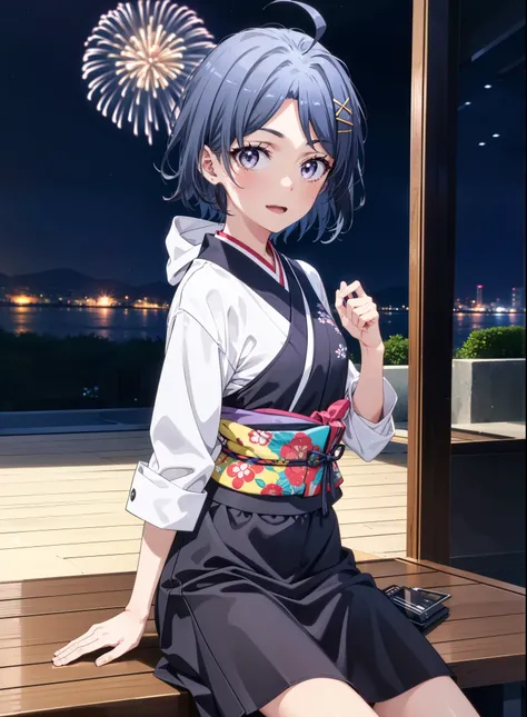 komachihikigaya, komachi hikigaya, short hair, Black Hair, hair ornaments, Ahoge, Hair Clip, x hair ornaments, (Purple eyes:1.1), tooth, smile, Open your mouth, black kimono,Black long skirt,Sandals,Sitting on a bench,Fireworks in the night sky,Fireworks,T...