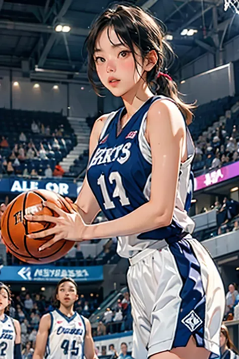 ((female basketball player))、young and beautiful girl、美しい顔のdetailedな描写、alone、motion blur、dynamic angle、stadium lighting、blur the...