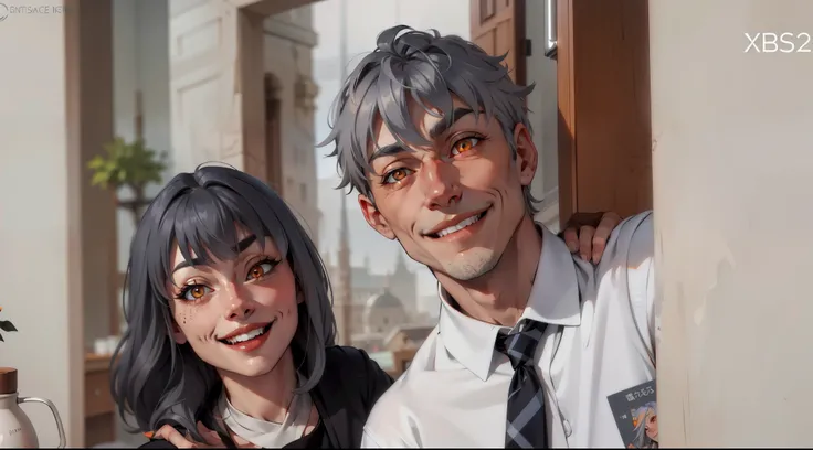 gray hair orange eyes, They are smiling mischievously