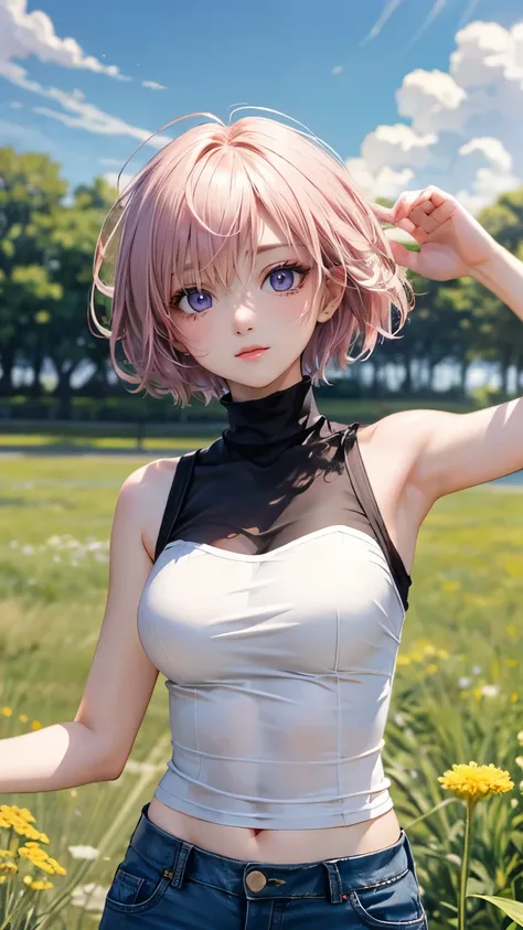 ((masterpiece)), (Top quality portraits), 1 Female, With dandelions, (Hair on one eye), Pink short haircut, Wearing a black turtleneck sleeveless T-shirt, Denim pants, In the dandelion field, Beautiful eyes in every detail, Gorgeous face with attention to ...