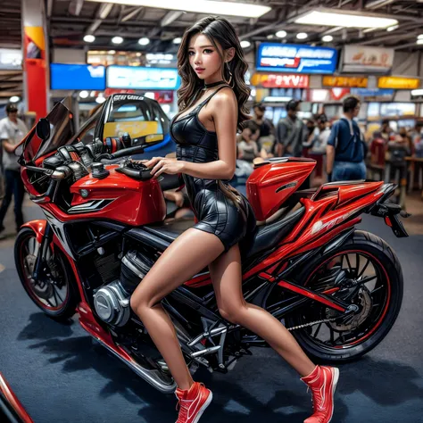 (ExtremelyDetailed((Song Joo A))) clearly visible the shape of Butt, Radiant PearlSkin with Transparency, motor cycle event girls in sexy costume, Detailed Clothing texture, Full of (motor cycle) . (Full body shot:1.2),Ultra-detailed,grand scale,epic,zoome...