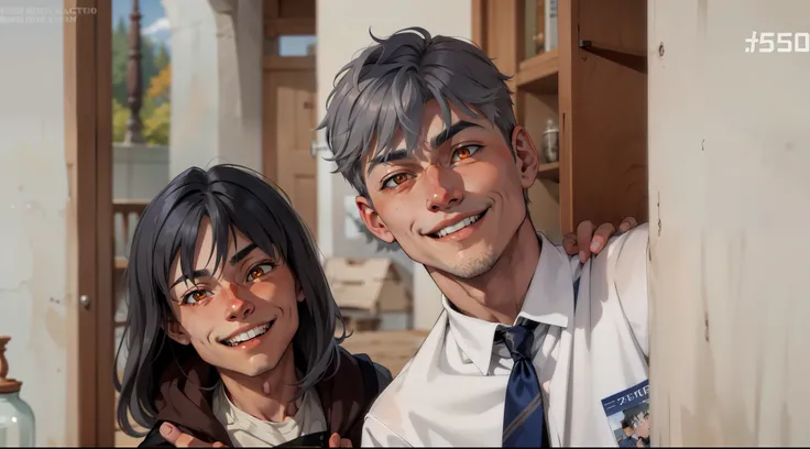 a boy and a 15 year old boy, gray hair orange eyes, They are smiling mischievously