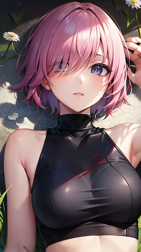 ((masterpiece)), (Top quality portraits), 1 Female, With dandelions, (Hair on one eye), Pink short haircut, Wearing a black turtleneck sleeveless T-shirt, Denim pants, In the dandelion field, Beautiful eyes in every detail, Gorgeous face with attention to ...