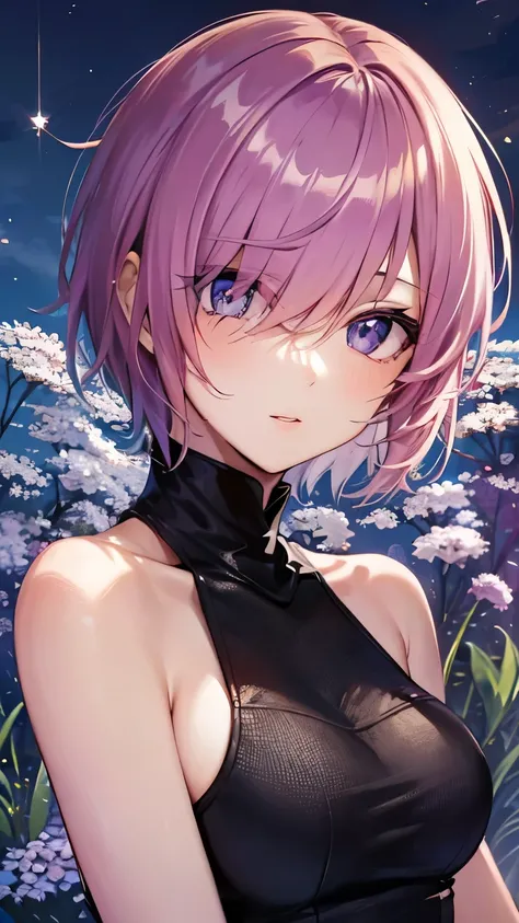 ((masterpiece)), (Top quality portraits), 1 Female, With dandelions, (Hair on one eye), Pink short haircut, Wearing a black turtleneck sleeveless T-shirt, Denim pants, In the dandelion field, Beautiful eyes in every detail, Gorgeous face with attention to ...