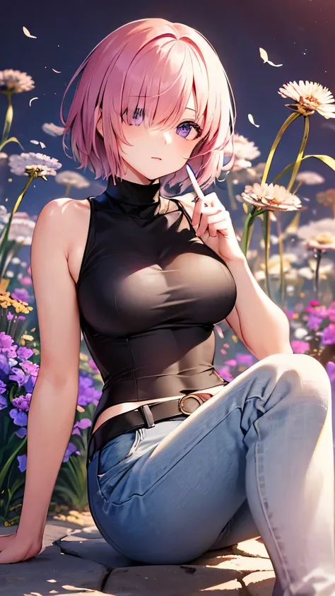 ((masterpiece)), (top quality portraits), 1 female, with dandelions, (hair on one eye), pink short haircut, wearing a black turt...