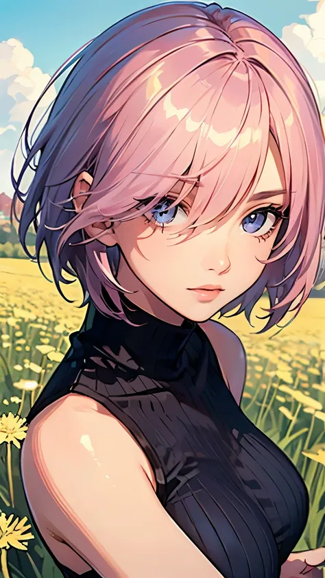 ((masterpiece)), (top quality portraits), 1 female, with dandelions, (hair on one eye), pink short haircut, wearing a black turt...