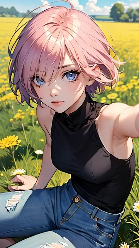 ((masterpiece)), (top quality portraits), 1 female, with dandelions, (hair on one eye), pink short haircut, wearing a black turt...